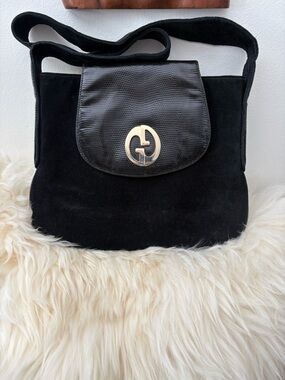 Vintage Black Suede Shoulder Bag with Gold Gucci Logo Rare